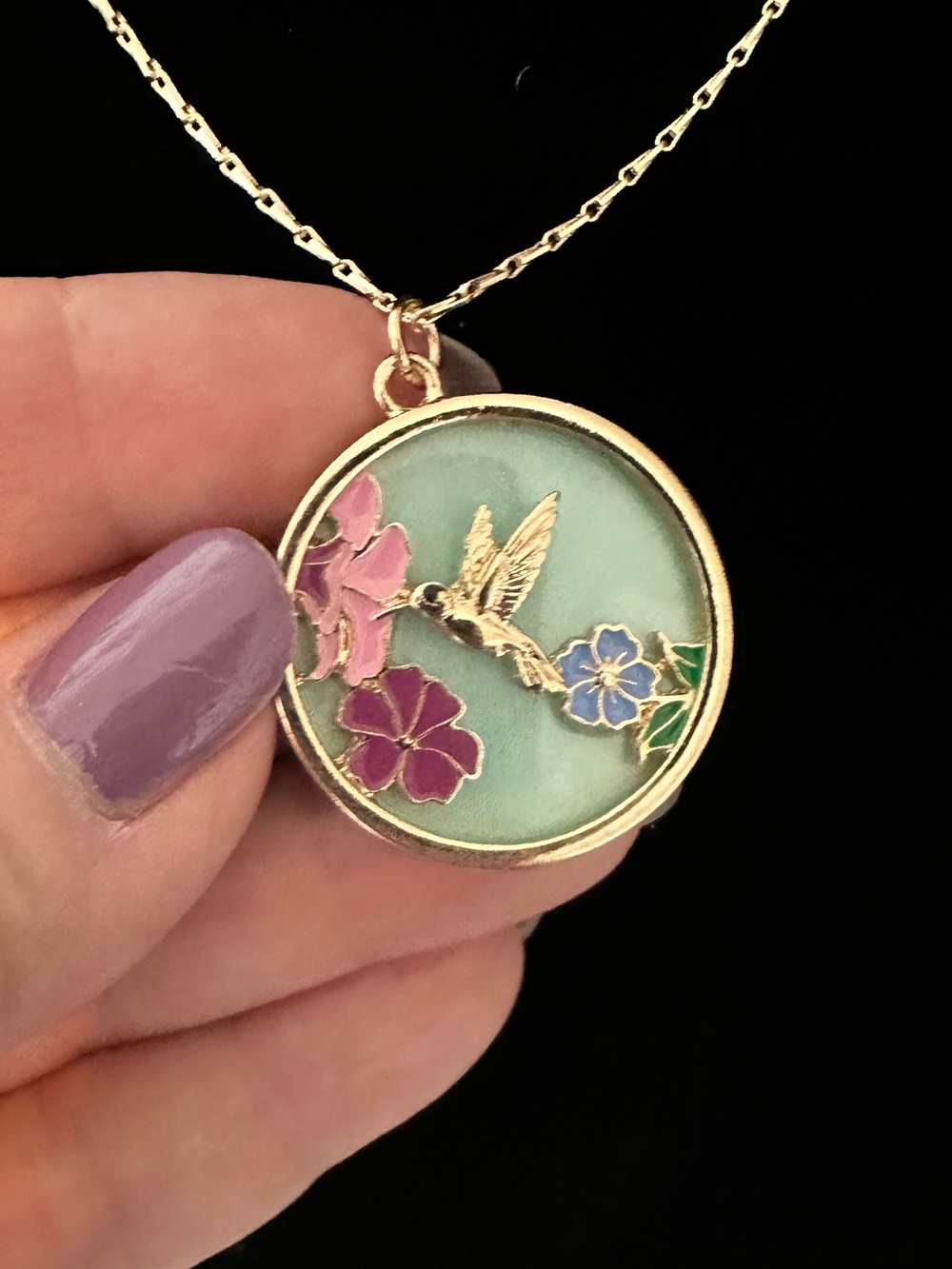 Handmade Necklace with Beautiful Bird and Floral Pendant in Gold Toned Backround